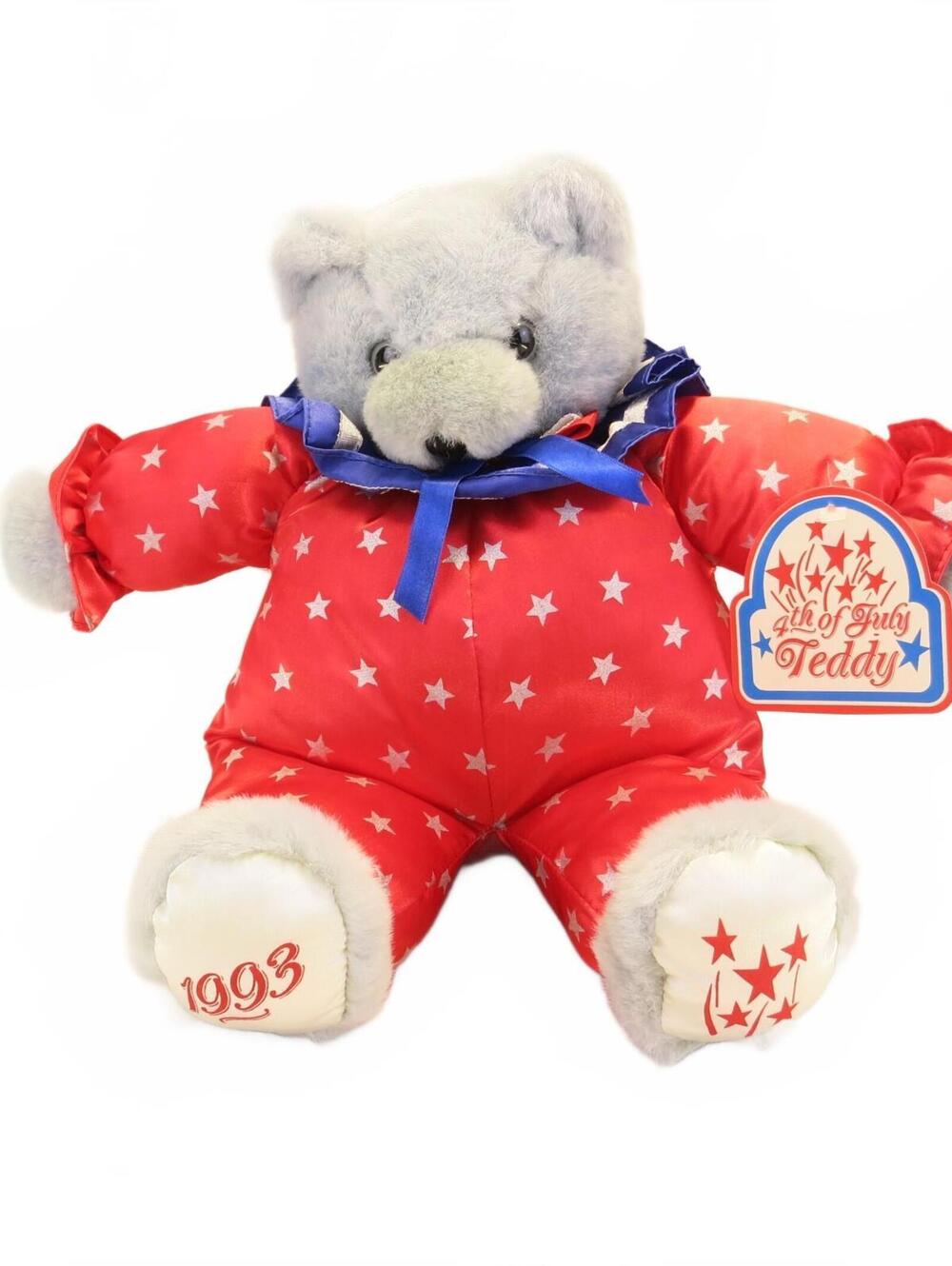 Vintage 4th of July Teddy Bear Plush Toy 1993 Red Stars Outfit 10"